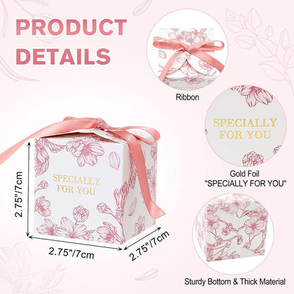 Yoption 50pcs Cherry Blossoms Party Favor Boxes, 2.75 x 2.75 x 2.75 Inch Pink Wedding Candy Box with Ribbons for Wedding Bridal Baby Shower Birthday Party Decoration