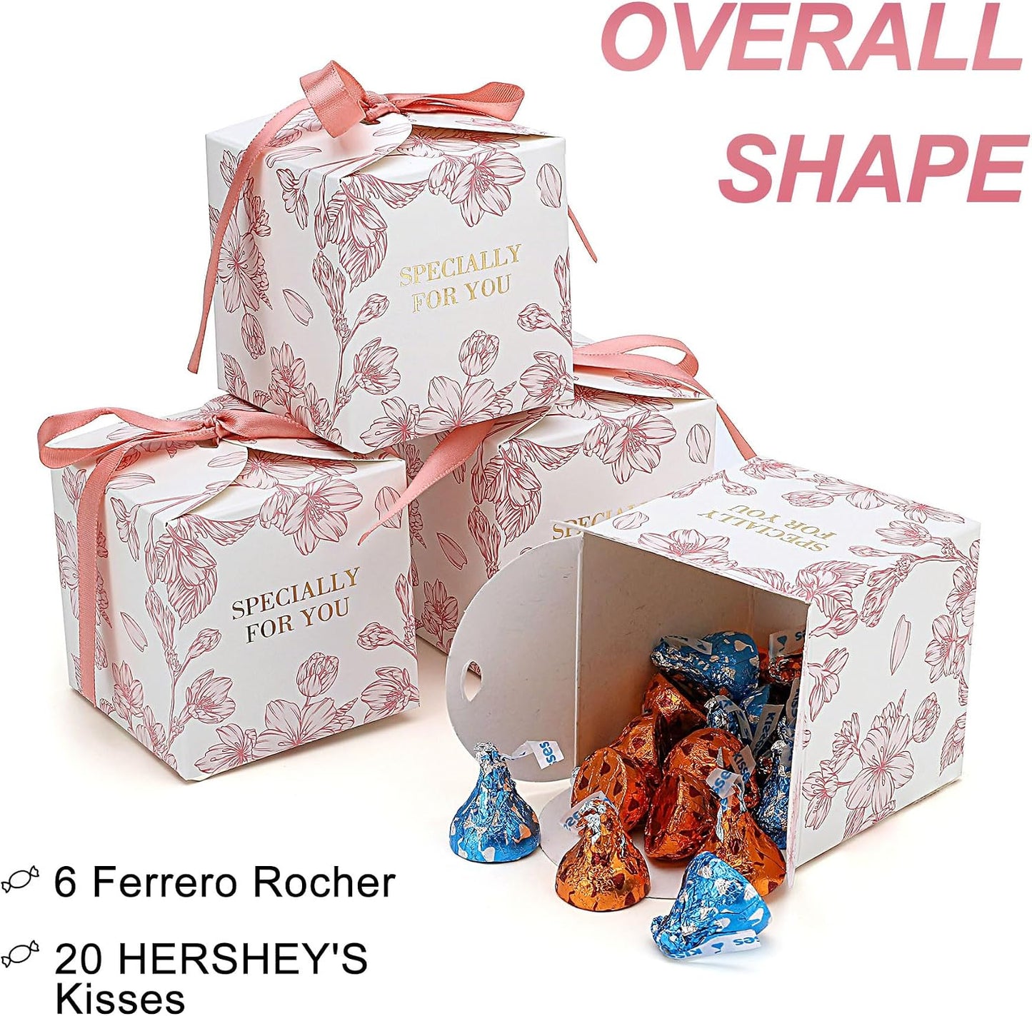 Yoption 50pcs Cherry Blossoms Party Favor Boxes, 2.75 x 2.75 x 2.75 Inch Pink Wedding Candy Box with Ribbons for Wedding Bridal Baby Shower Birthday Party Decoration