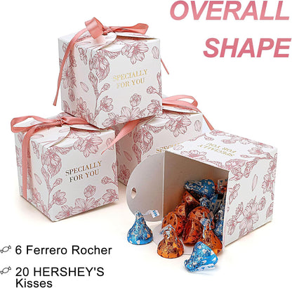 Yoption 50pcs Cherry Blossoms Party Favor Boxes, 2.75 x 2.75 x 2.75 Inch Pink Wedding Candy Box with Ribbons for Wedding Bridal Baby Shower Birthday Party Decoration