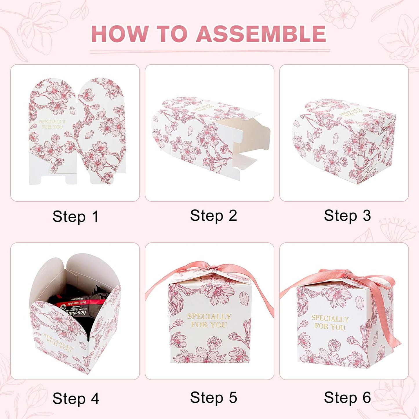 Yoption 50pcs Cherry Blossoms Party Favor Boxes, 2.75 x 2.75 x 2.75 Inch Pink Wedding Candy Box with Ribbons for Wedding Bridal Baby Shower Birthday Party Decoration