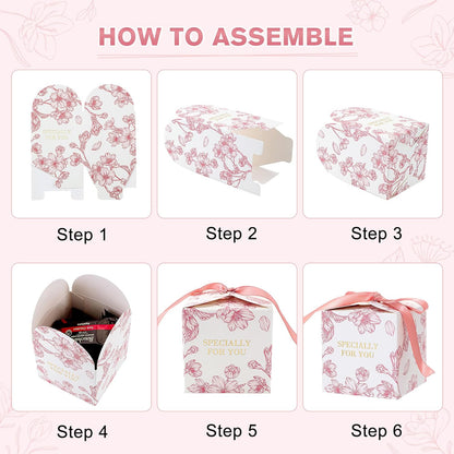 Yoption 50pcs Cherry Blossoms Party Favor Boxes, 2.75 x 2.75 x 2.75 Inch Pink Wedding Candy Box with Ribbons for Wedding Bridal Baby Shower Birthday Party Decoration