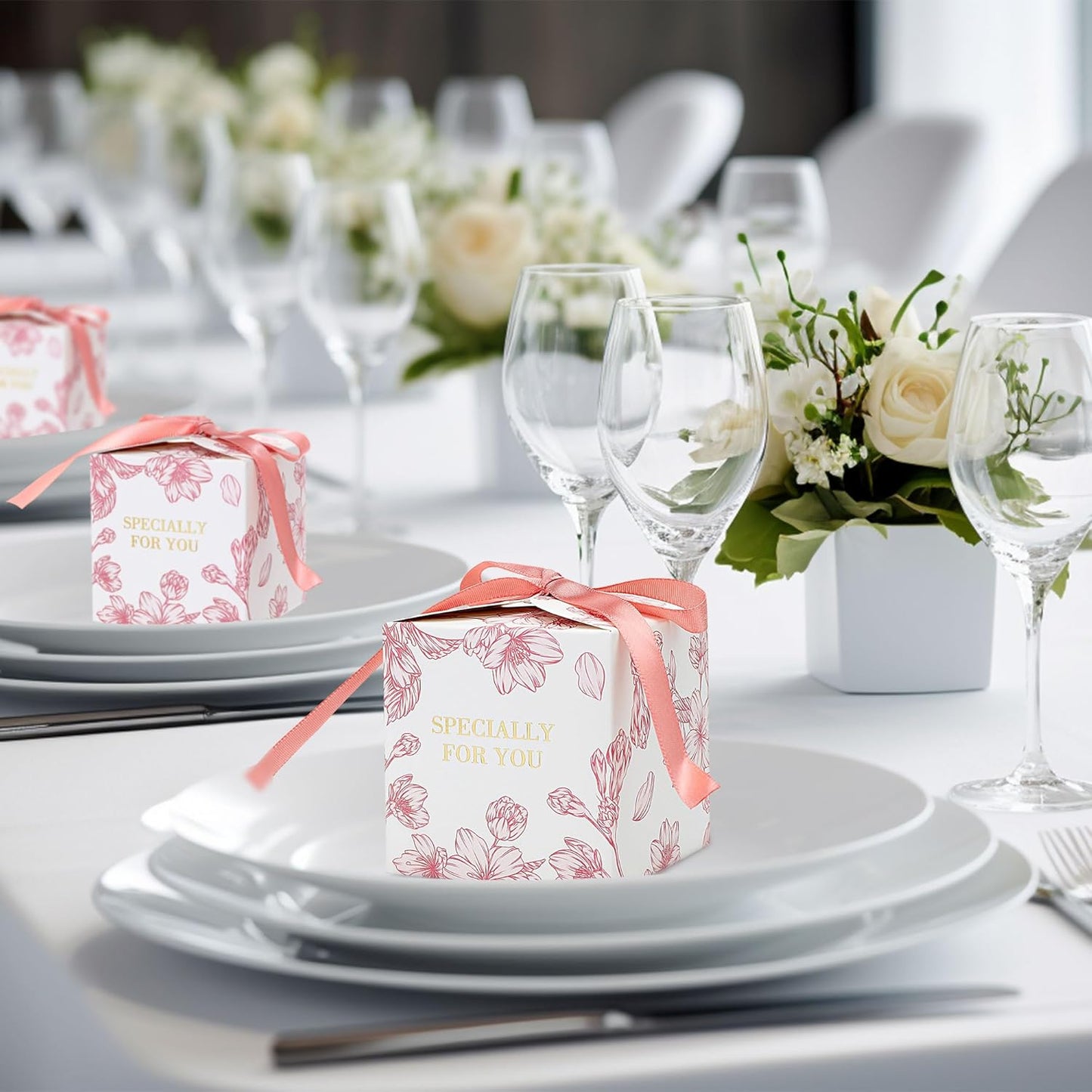Yoption 50pcs Cherry Blossoms Party Favor Boxes, 2.75 x 2.75 x 2.75 Inch Pink Wedding Candy Box with Ribbons for Wedding Bridal Baby Shower Birthday Party Decoration