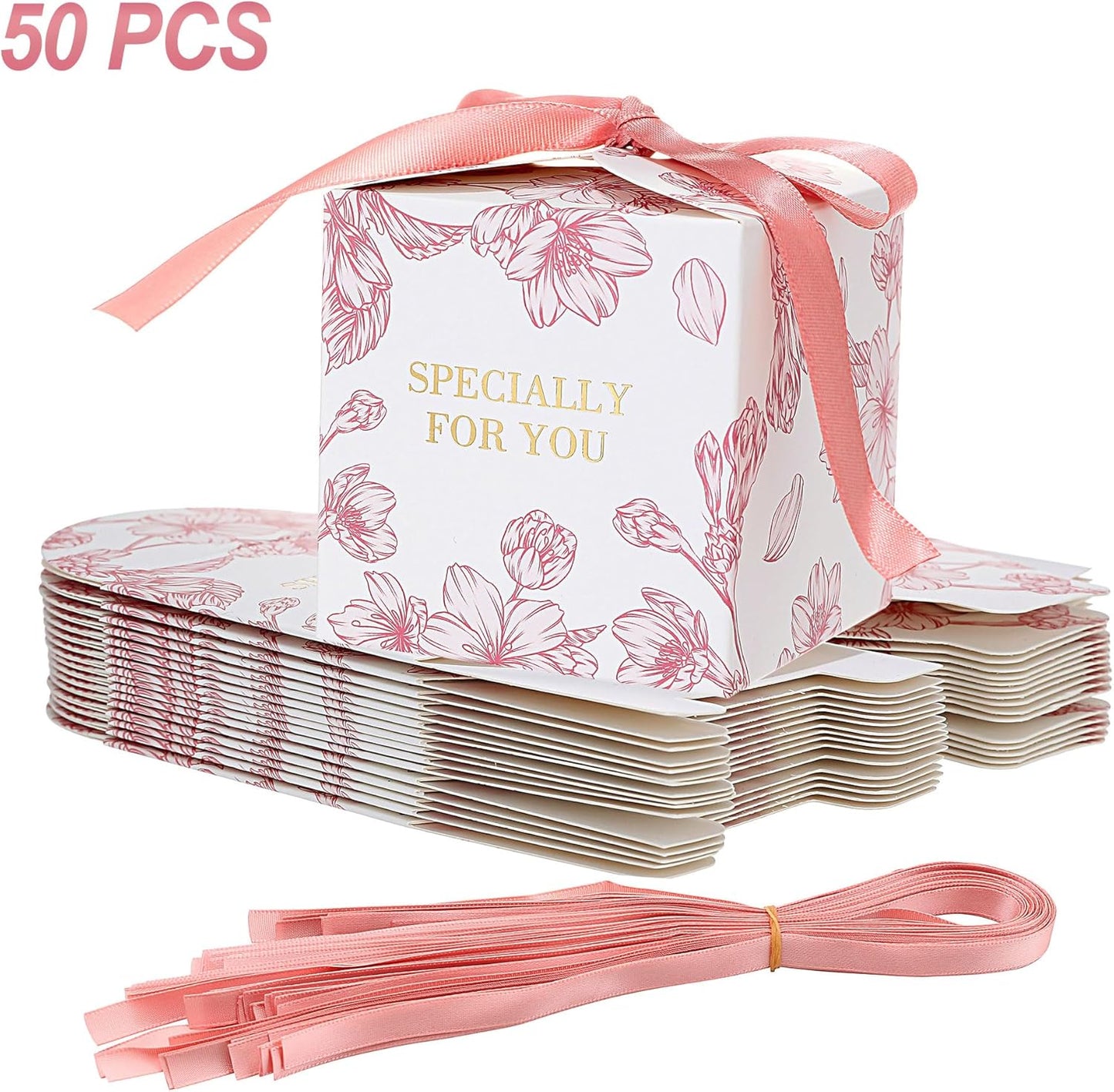 Yoption 50pcs Cherry Blossoms Party Favor Boxes, 2.75 x 2.75 x 2.75 Inch Pink Wedding Candy Box with Ribbons for Wedding Bridal Baby Shower Birthday Party Decoration