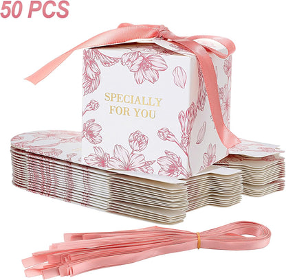 Yoption 50pcs Cherry Blossoms Party Favor Boxes, 2.75 x 2.75 x 2.75 Inch Pink Wedding Candy Box with Ribbons for Wedding Bridal Baby Shower Birthday Party Decoration