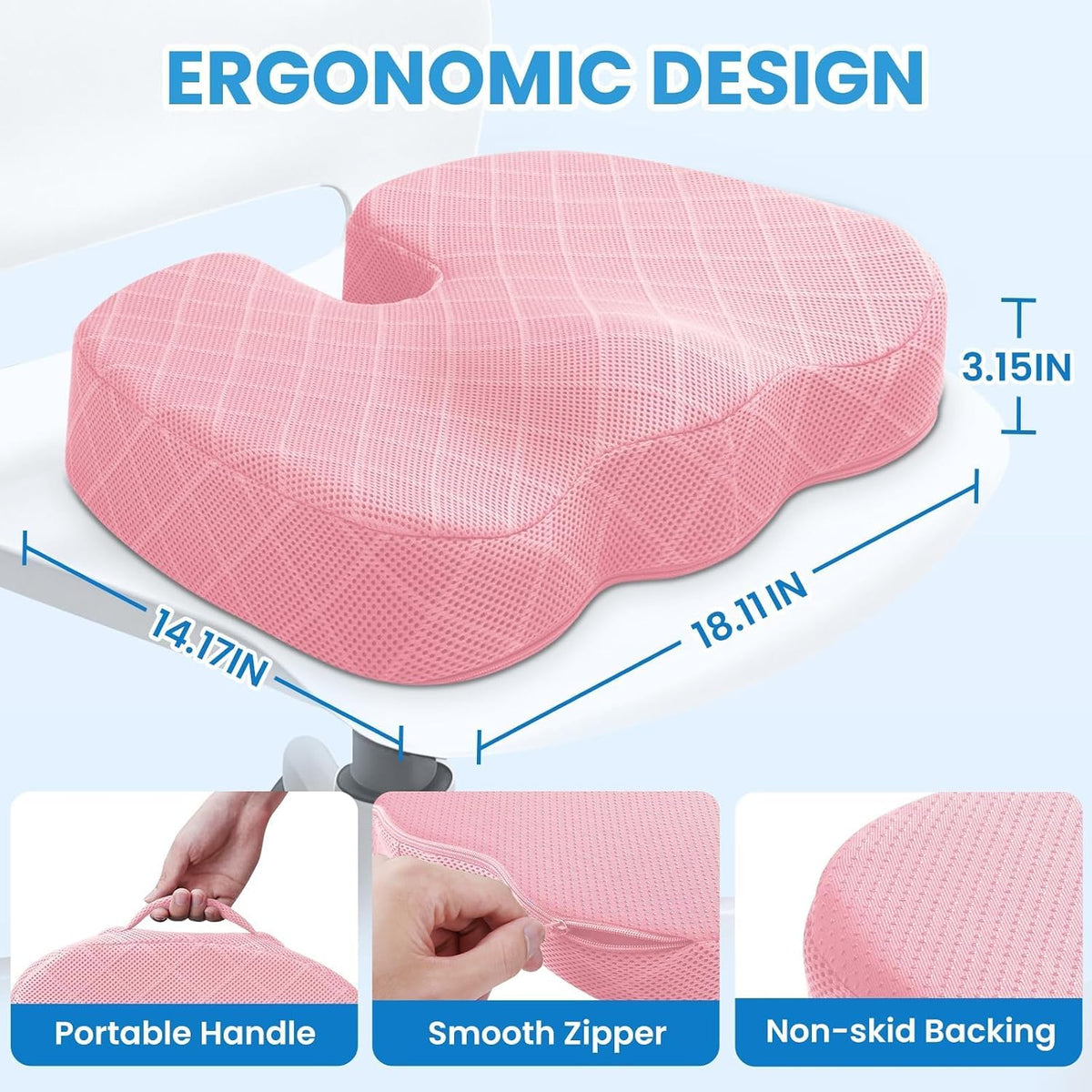 TushGuard Seat Cushion, Memory Foam Office Chair Cushion - Pink, Large