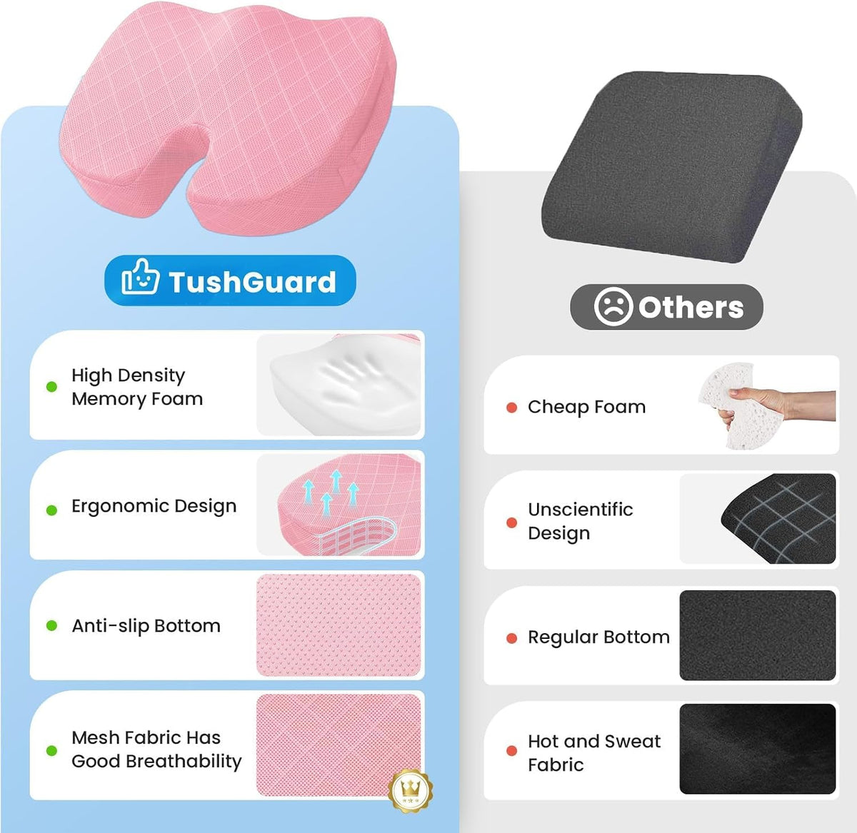TushGuard Seat Cushion, Memory Foam Office Chair Cushion - Pink, Large