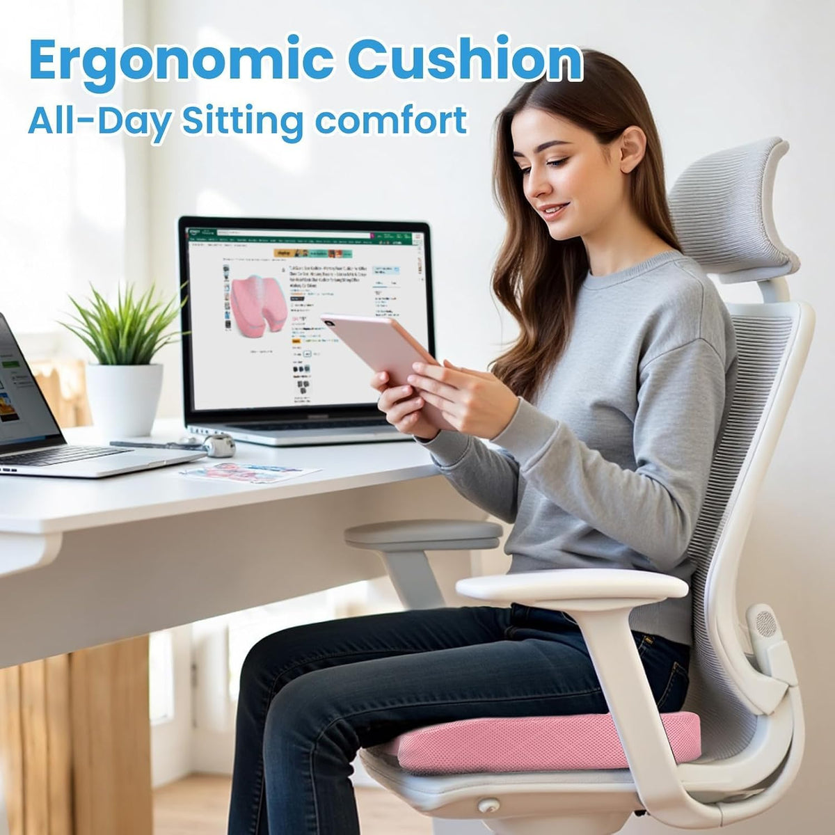 TushGuard Seat Cushion, Memory Foam Office Chair Cushion - Pink, Large