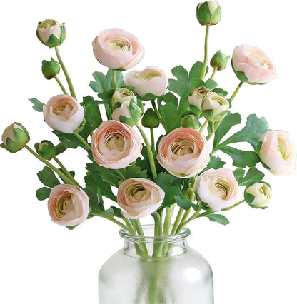 5PCS Artificial Ranunculus Flowers with Silk Flower Real Touch Stem Spray for Home Garden Office Decoration Wedding DIY Arrangements (Champagne Pink)