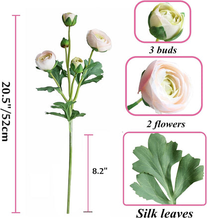 5PCS Artificial Ranunculus Flowers with Silk Flower Real Touch Stem Spray for Home Garden Office Decoration Wedding DIY Arrangements (Champagne Pink)