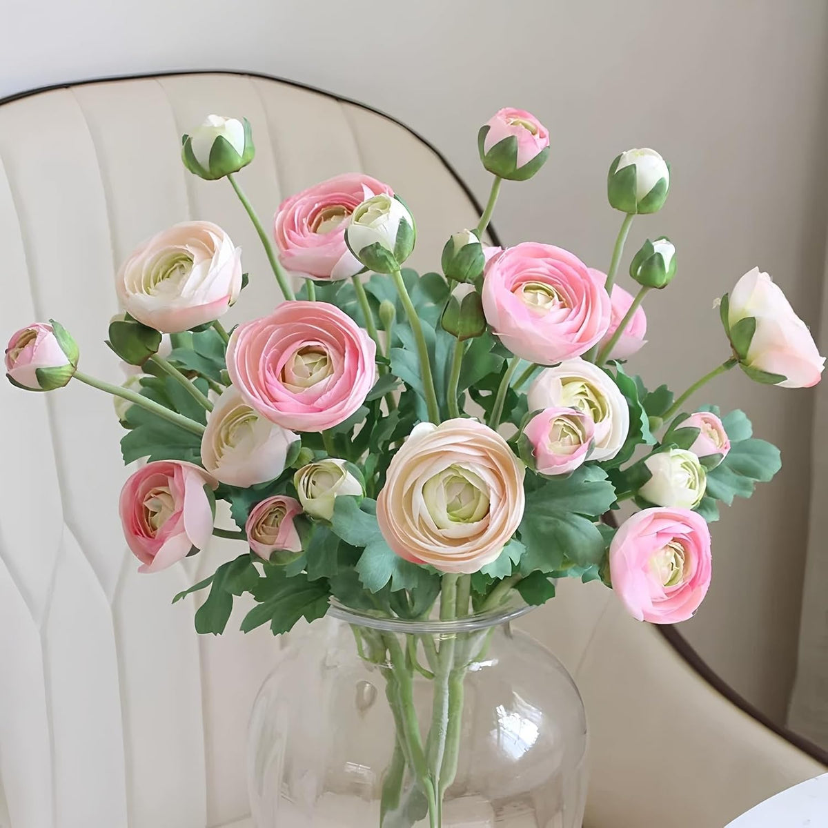 5PCS Artificial Ranunculus Flowers with Silk Flower Real Touch Stem Spray for Home Garden Office Decoration Wedding DIY Arrangements (Champagne Pink)