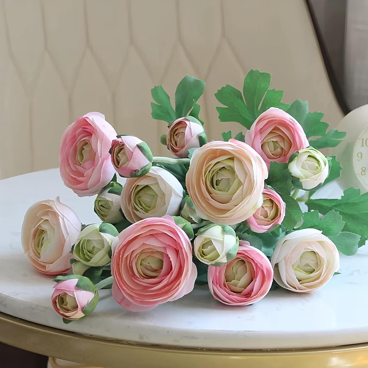 5PCS Artificial Ranunculus Flowers with Silk Flower Real Touch Stem Spray for Home Garden Office Decoration Wedding DIY Arrangements (Champagne Pink)
