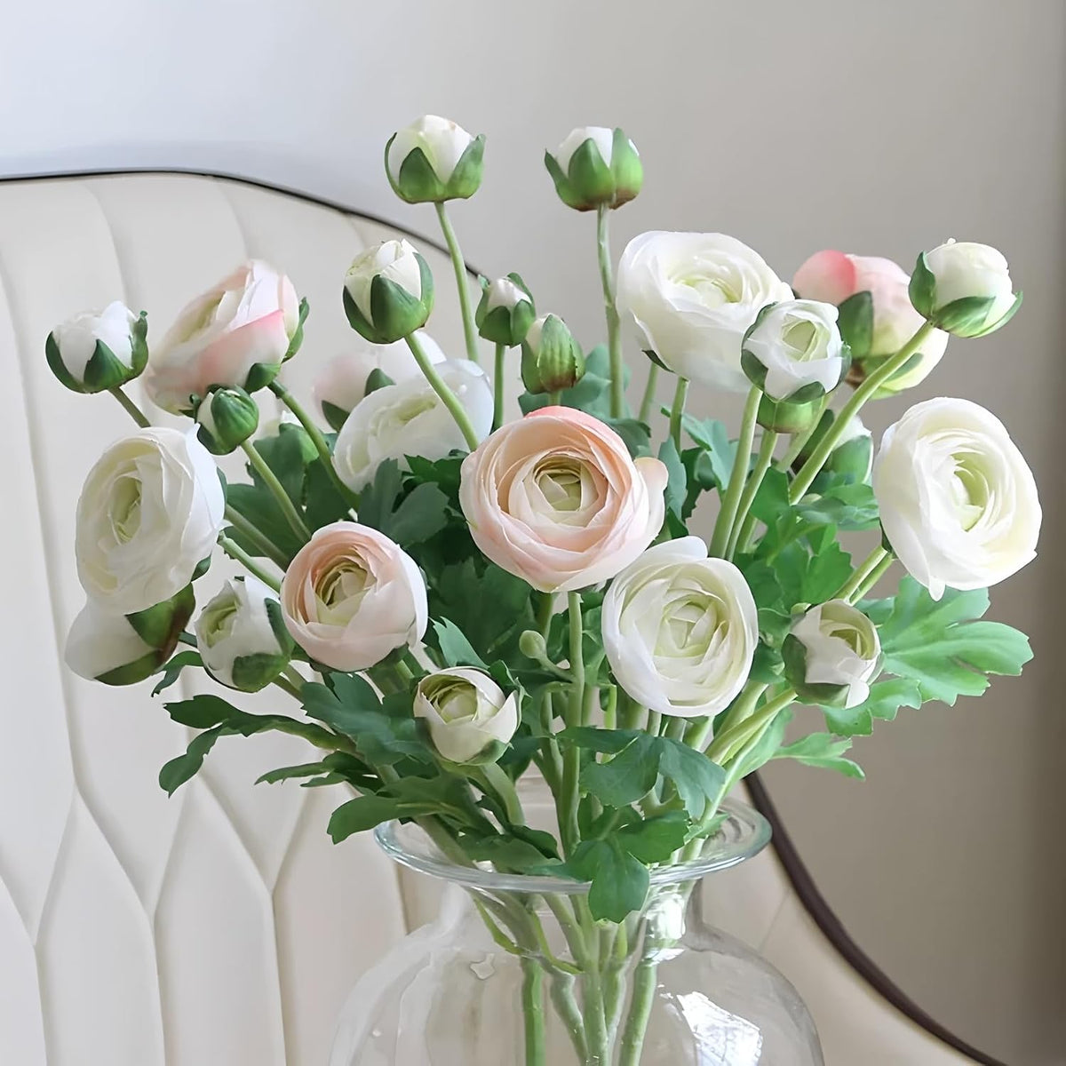 5PCS Artificial Ranunculus Flowers with Silk Flower Real Touch Stem Spray for Home Garden Office Decoration Wedding DIY Arrangements (Champagne Pink)