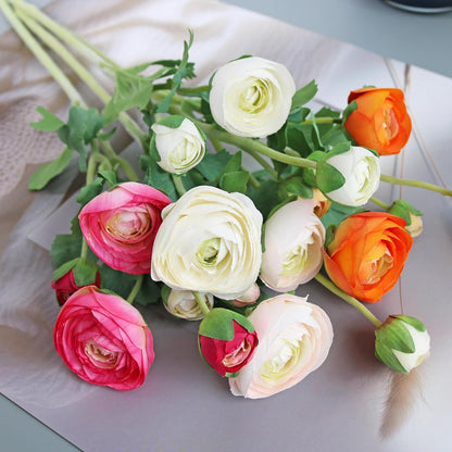 5PCS Artificial Ranunculus Flowers with Silk Flower Real Touch Stem Spray for Home Garden Office Decoration Wedding DIY Arrangements (Champagne Pink)