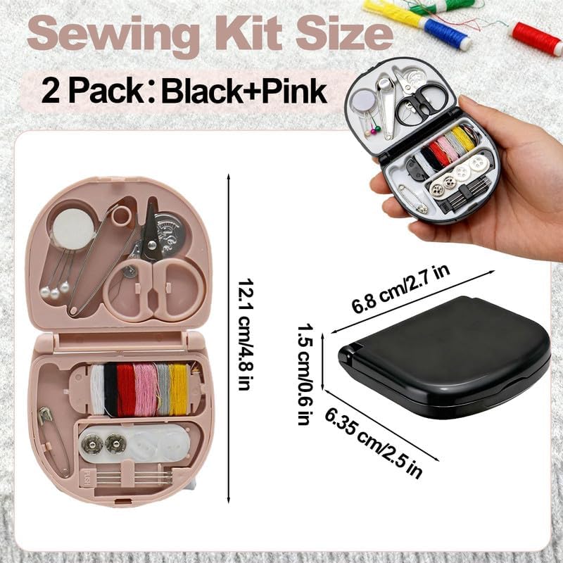2 Pack Mini Travel Sewing Kit for Adult & Kid | Portable Sewing Box Kit Bulk | Small Emergency Repair Set with Thread Scissors Needle for Travel, Beginner DIY Handcraft | Black + Pink