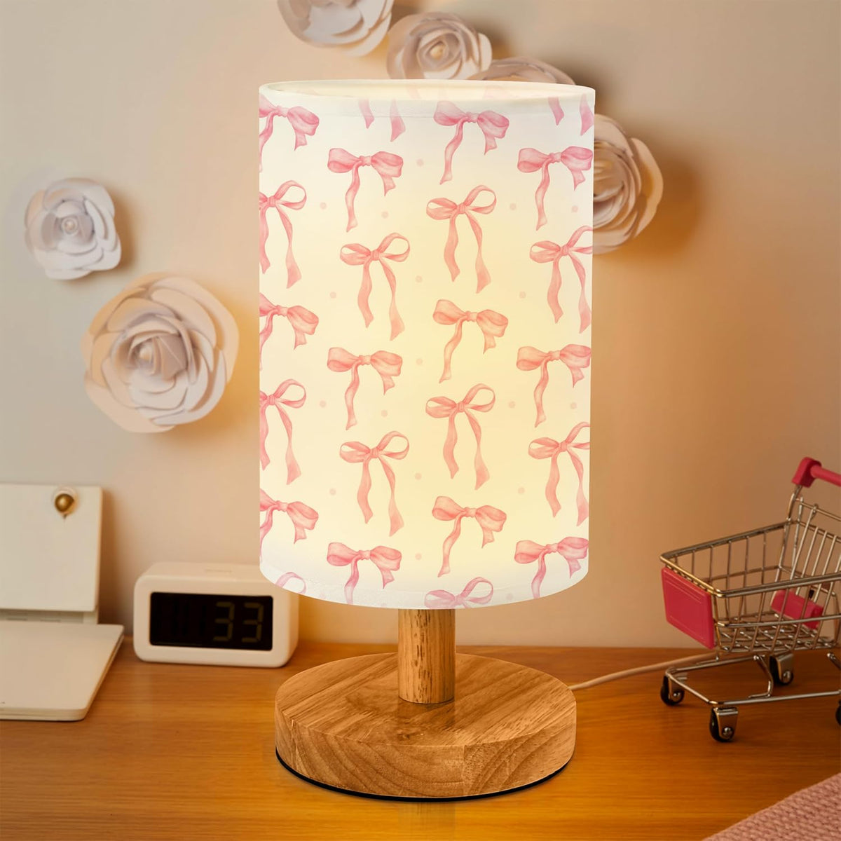 Pink Bow Kids Bedside Table Lamp for Bedroom with USB Port (Pink)