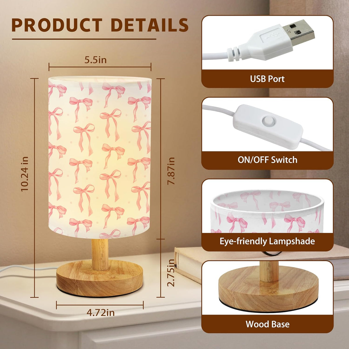 Pink Bow Kids Bedside Table Lamp for Bedroom with USB Port (Pink)