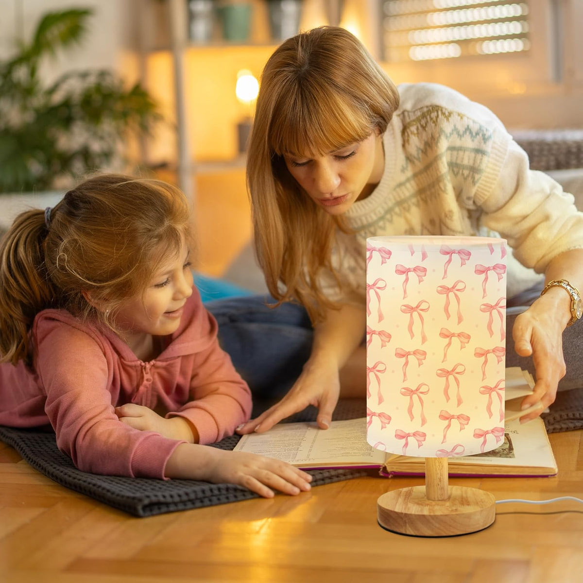 Pink Bow Kids Bedside Table Lamp for Bedroom with USB Port (Pink)