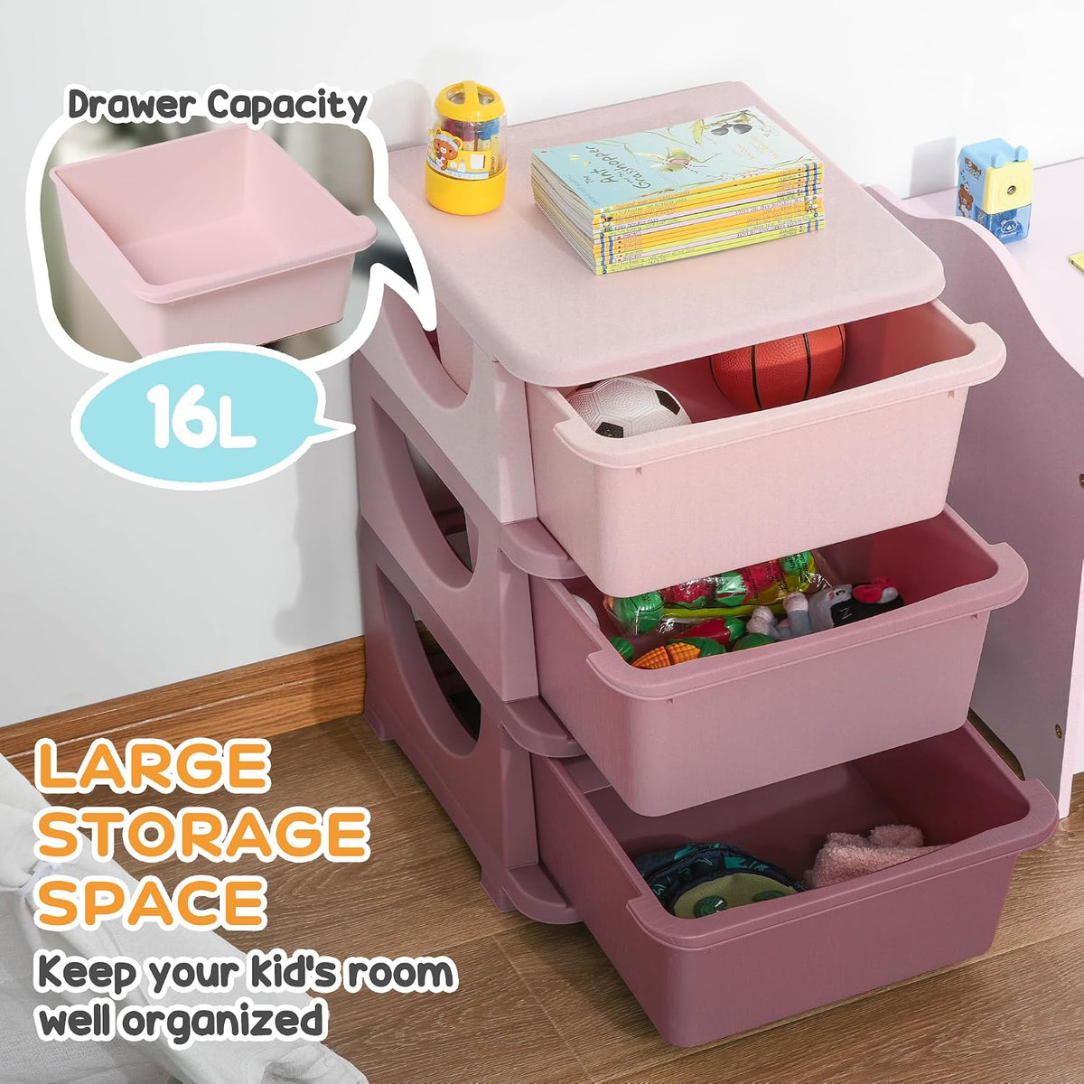 3 Drawers Kids Storage Unit 3 Tier Toy Organizers Pink