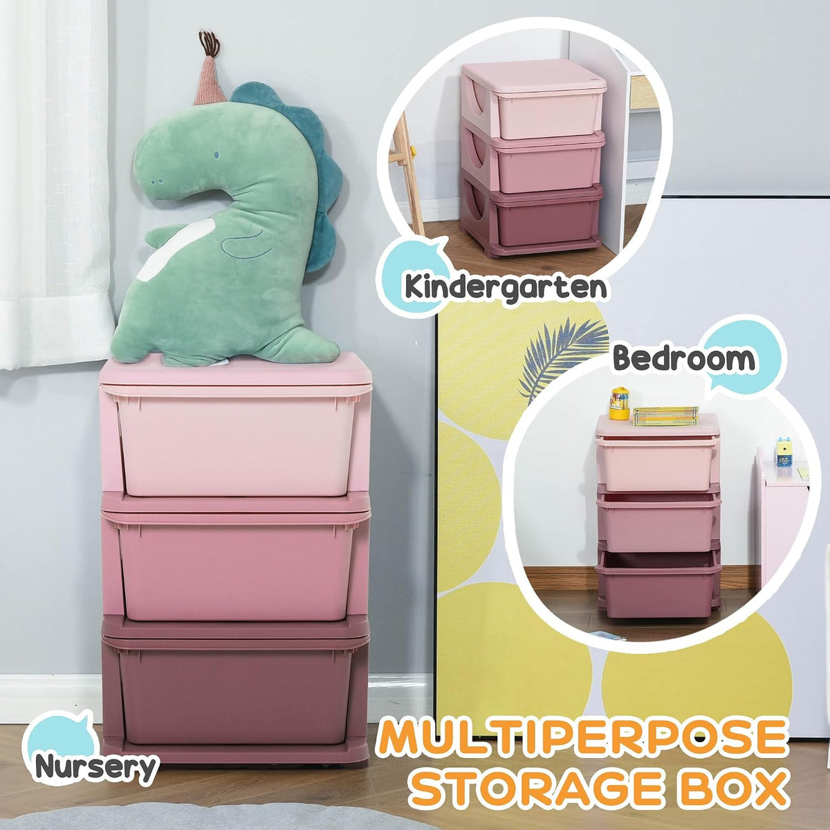 3 Drawers Kids Storage Unit 3 Tier Toy Organizers Pink