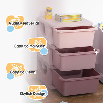 3 Drawers Kids Storage Unit 3 Tier Toy Organizers Pink