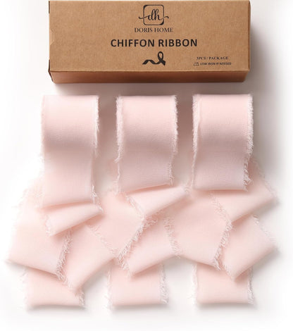 Pink Chiffon Ribbon for Flower Bouquet, 1.5" x21Yd Fabric Ribbon for Gift Wrapping, Handmade Frayed Ribbon for Wedding Christmas Decorations