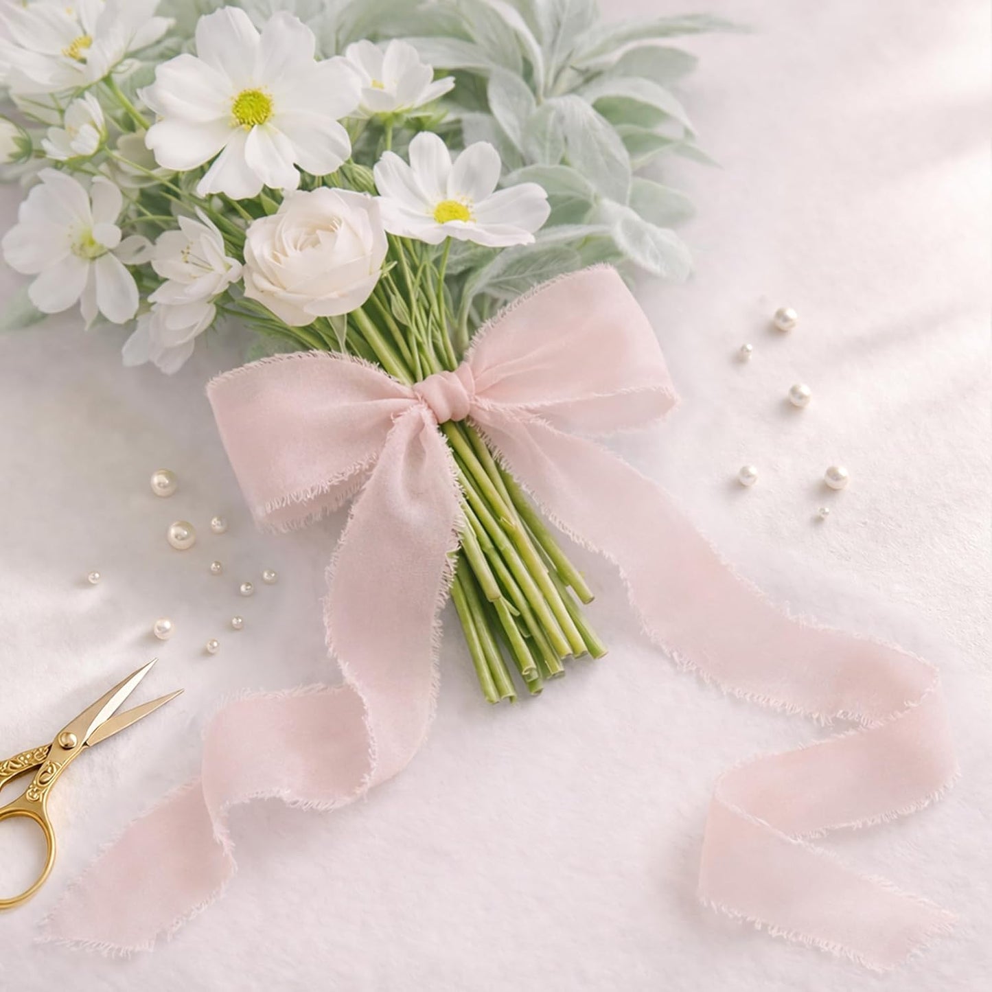 Pink Chiffon Ribbon for Flower Bouquet, 1.5" x21Yd Fabric Ribbon for Gift Wrapping, Handmade Frayed Ribbon for Wedding Christmas Decorations