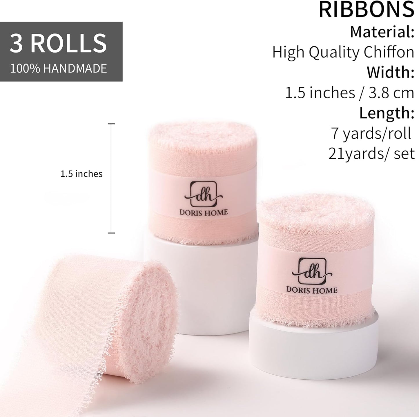 Pink Chiffon Ribbon for Flower Bouquet, 1.5" x21Yd Fabric Ribbon for Gift Wrapping, Handmade Frayed Ribbon for Wedding Christmas Decorations