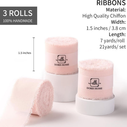 Pink Chiffon Ribbon for Flower Bouquet, 1.5" x21Yd Fabric Ribbon for Gift Wrapping, Handmade Frayed Ribbon for Wedding Christmas Decorations