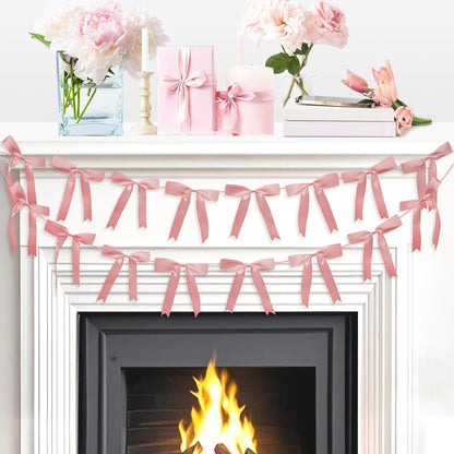 2pcs Pink Bow Garland Banner, Satin Ribbon Decorations
