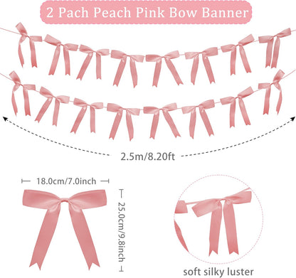 2pcs Pink Bow Garland Banner, Satin Ribbon Decorations
