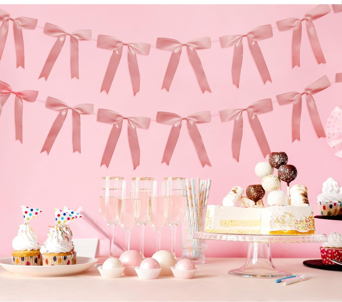 2pcs Pink Bow Garland Banner, Satin Ribbon Decorations