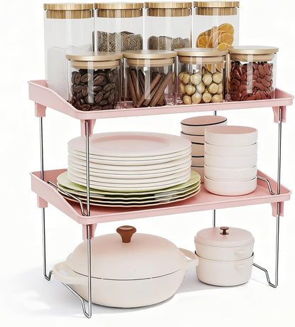 2 Pcs Cabinet Organizer Shelf，Stackable Kitchen Counter Shelves, Spice Rack,Countertop Organizers，Pink Plastic Storage Shelves Rack for Makeup，Bathroom, Cupboard，Desk，Pantry Organization