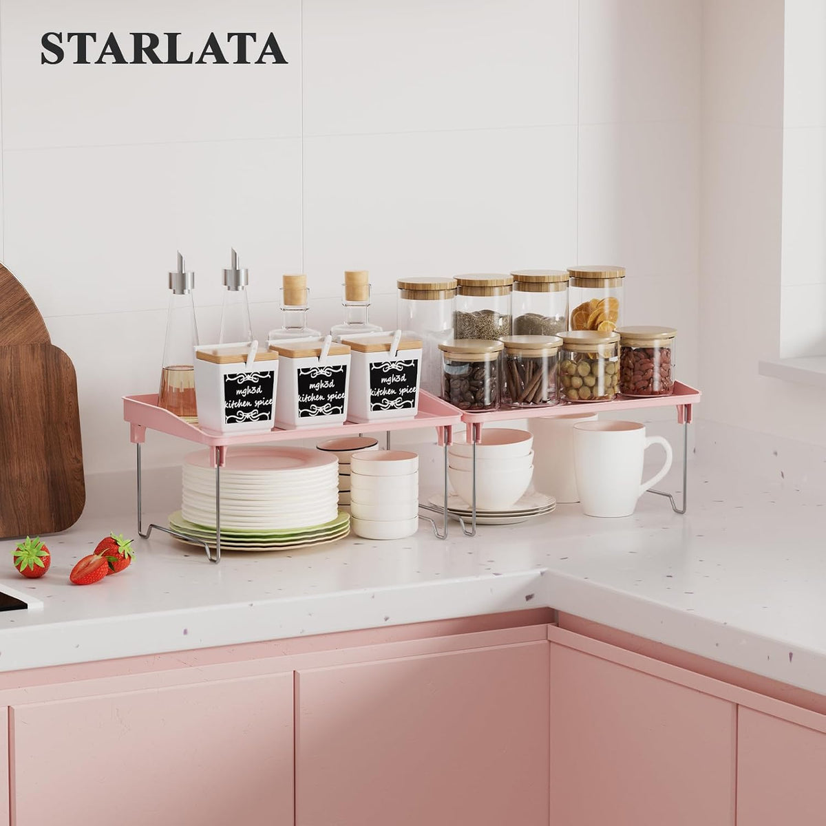 2 Pcs Cabinet Organizer Shelf，Stackable Kitchen Counter Shelves, Spice Rack,Countertop Organizers，Pink Plastic Storage Shelves Rack for Makeup，Bathroom, Cupboard，Desk，Pantry Organization