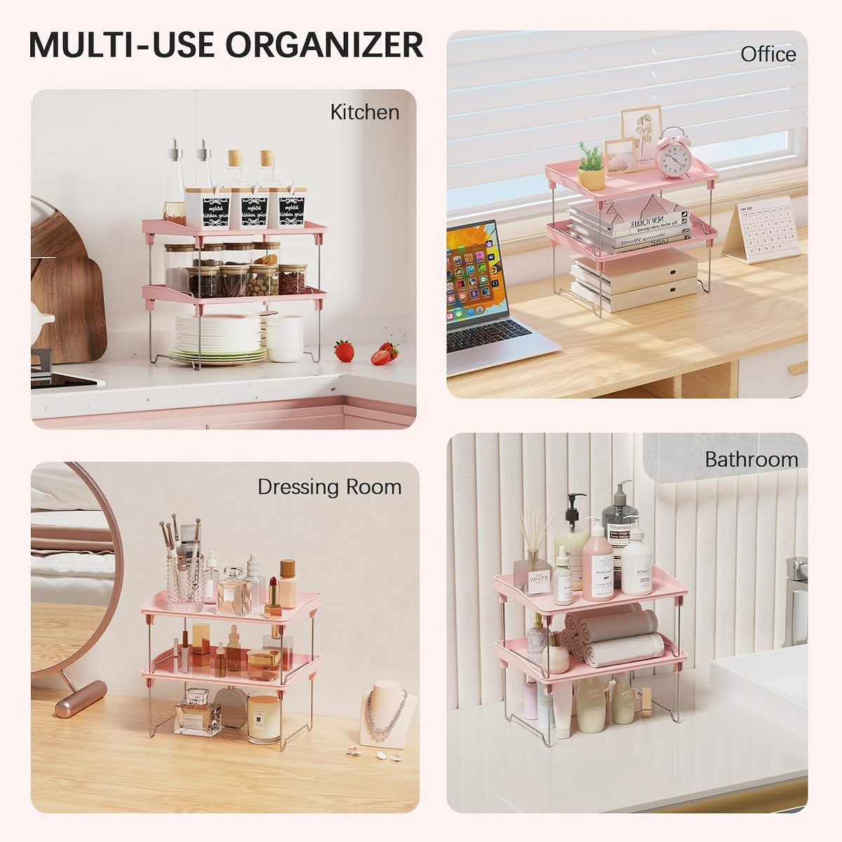 2 Pcs Cabinet Organizer Shelf，Stackable Kitchen Counter Shelves, Spice Rack,Countertop Organizers，Pink Plastic Storage Shelves Rack for Makeup，Bathroom, Cupboard，Desk，Pantry Organization