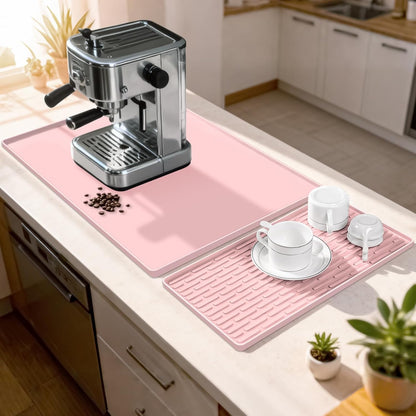Silicone Coffee Mat, 12" x 19" Waterproof & Easy Clean Raised Edge Coffee Bar Mats for Espresso Machine Station Accessories, Heat Resistant Non-Slip Dish Drying Pad for Kitchen Counter, Pink