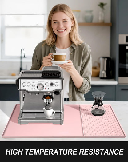 Silicone Coffee Mat, 12" x 19" Waterproof & Easy Clean Raised Edge Coffee Bar Mats for Espresso Machine Station Accessories, Heat Resistant Non-Slip Dish Drying Pad for Kitchen Counter, Pink