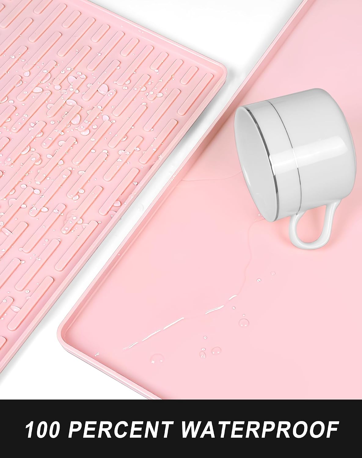 Silicone Coffee Mat, 12" x 19" Waterproof & Easy Clean Raised Edge Coffee Bar Mats for Espresso Machine Station Accessories, Heat Resistant Non-Slip Dish Drying Pad for Kitchen Counter, Pink