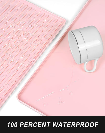 Silicone Coffee Mat, 12" x 19" Waterproof & Easy Clean Raised Edge Coffee Bar Mats for Espresso Machine Station Accessories, Heat Resistant Non-Slip Dish Drying Pad for Kitchen Counter, Pink