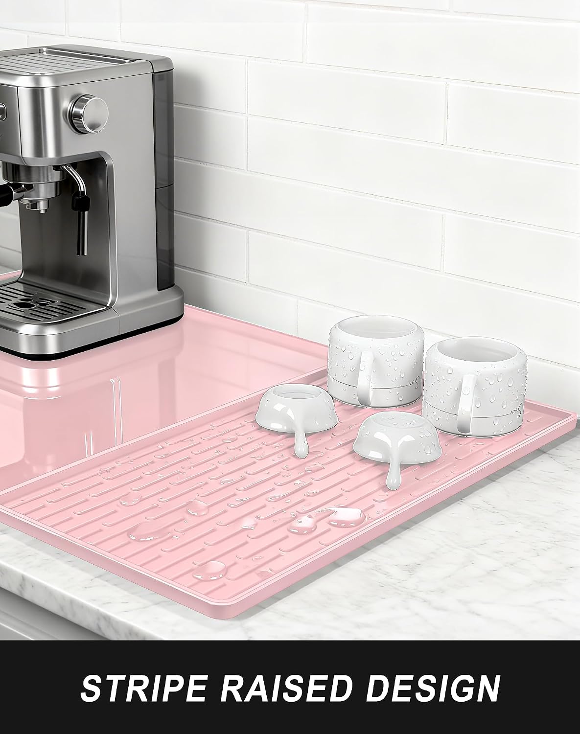 Silicone Coffee Mat, 12" x 19" Waterproof & Easy Clean Raised Edge Coffee Bar Mats for Espresso Machine Station Accessories, Heat Resistant Non-Slip Dish Drying Pad for Kitchen Counter, Pink