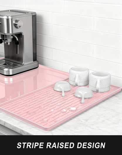 Silicone Coffee Mat, 12" x 19" Waterproof & Easy Clean Raised Edge Coffee Bar Mats for Espresso Machine Station Accessories, Heat Resistant Non-Slip Dish Drying Pad for Kitchen Counter, Pink