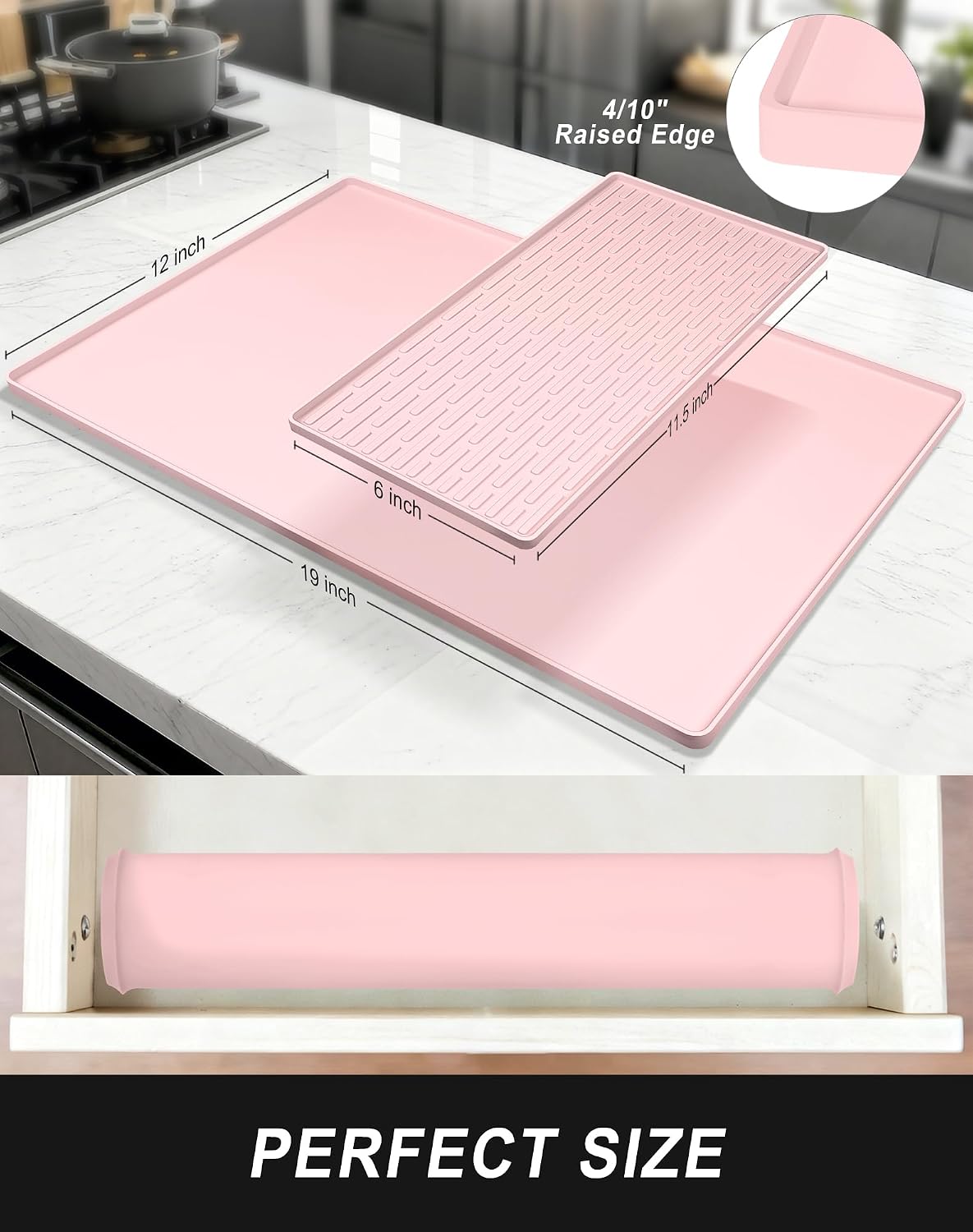 Silicone Coffee Mat, 12" x 19" Waterproof & Easy Clean Raised Edge Coffee Bar Mats for Espresso Machine Station Accessories, Heat Resistant Non-Slip Dish Drying Pad for Kitchen Counter, Pink