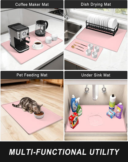Silicone Coffee Mat, 12" x 19" Waterproof & Easy Clean Raised Edge Coffee Bar Mats for Espresso Machine Station Accessories, Heat Resistant Non-Slip Dish Drying Pad for Kitchen Counter, Pink