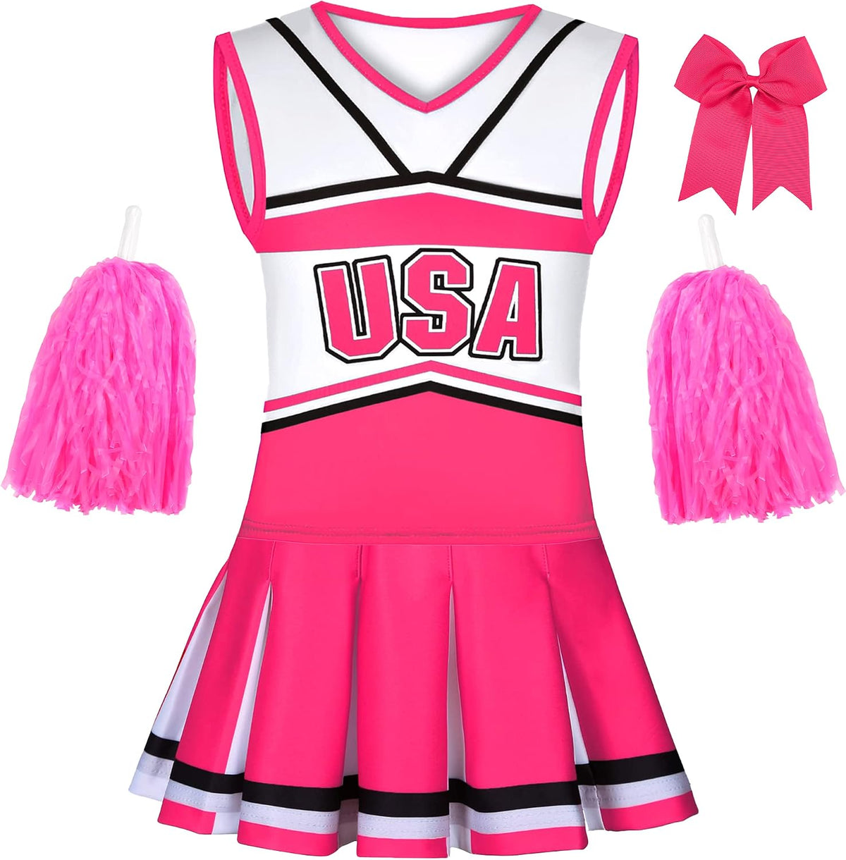 Cheerleader Costume for Girls USA Cheerleading Outfit with Cheerleader Pom Poms Bow Hair Clip 3-10 Years