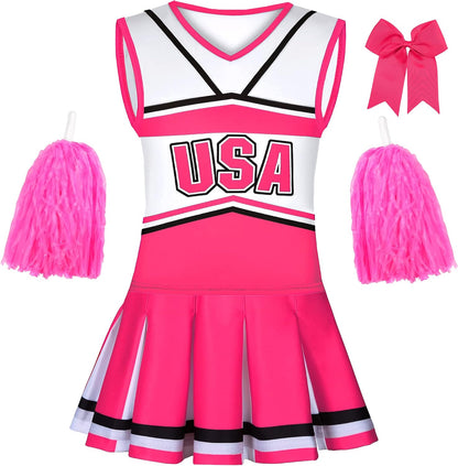 Cheerleader Costume for Girls USA Cheerleading Outfit with Cheerleader Pom Poms Bow Hair Clip 3-10 Years