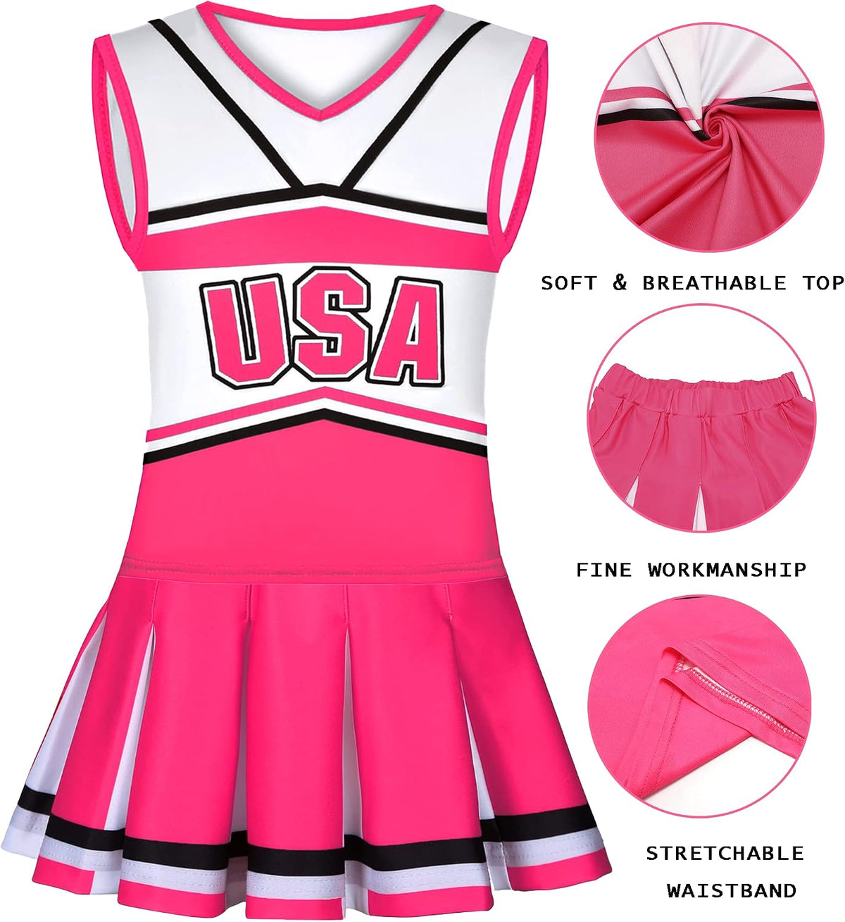 Cheerleader Costume for Girls USA Cheerleading Outfit with Cheerleader Pom Poms Bow Hair Clip 3-10 Years