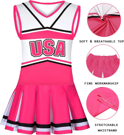 Cheerleader Costume for Girls USA Cheerleading Outfit with Cheerleader Pom Poms Bow Hair Clip 3-10 Years