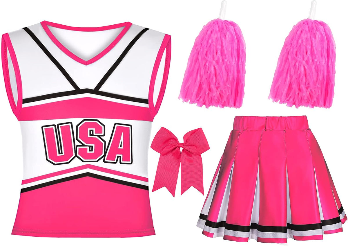 Cheerleader Costume for Girls USA Cheerleading Outfit with Cheerleader Pom Poms Bow Hair Clip 3-10 Years