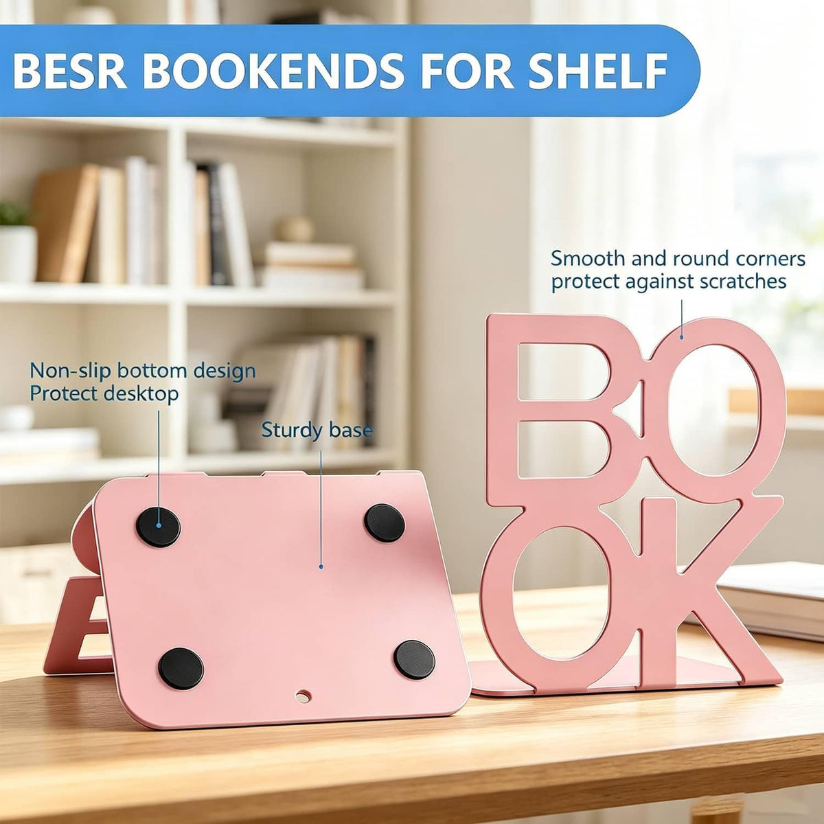 Book Ends Pink Metal BookEnds for Bookrack Desk,Books