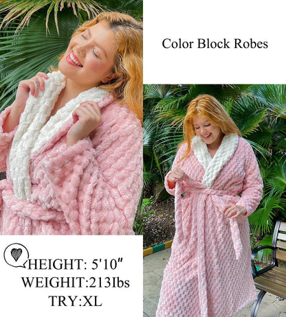 Women's Robe Long Winter Plush Jacquard Bathrobe with Pockets S-XXL