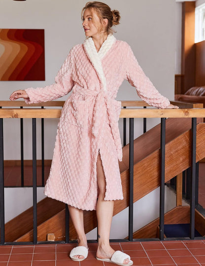 Women's Robe Long Winter Plush Jacquard Bathrobe with Pockets S-XXL